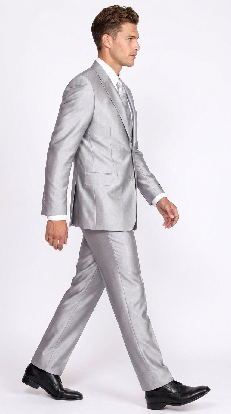 Men’s Silver 2 Button Sharkskin Suit, Shiny Formal Wedding Prom Business Dress Suit