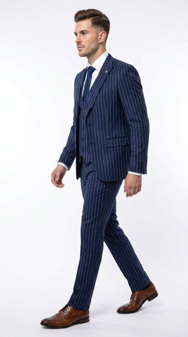 Men’s Navy Pinstripe 3 Piece Gangster Suit, Vintage 1920s Formal Dress Suit with Vest