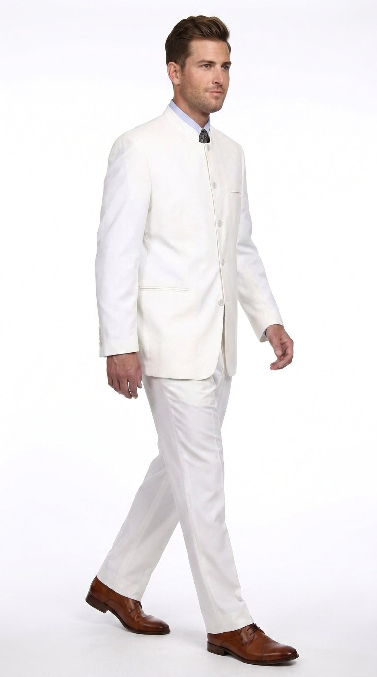 Men’s White 5 Button Mandarin Collar Suit, Designer Brand All White Formal Wedding Dress Suit