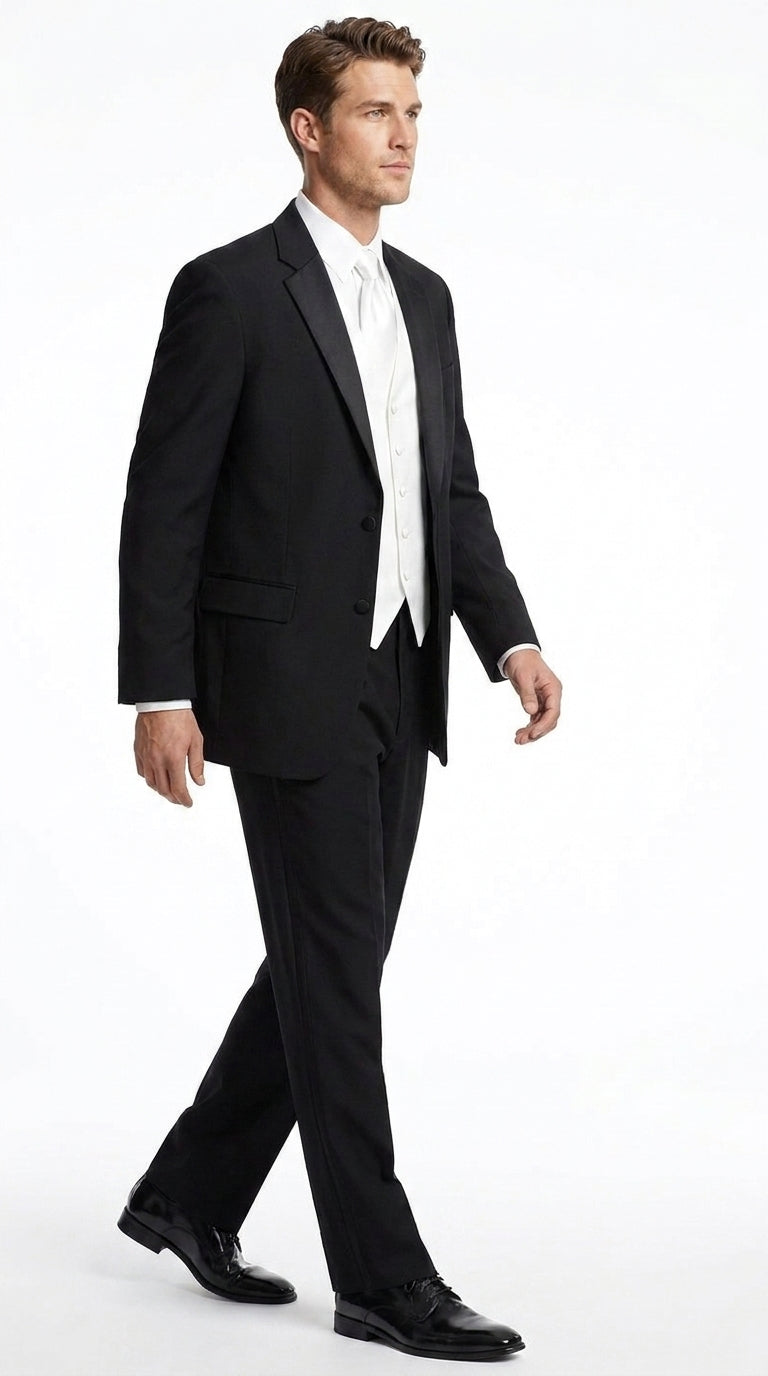 Men’s Black Super 120s Tuxedo Package Deal, 2 Button Formal Suit with White Shirt, Tie and Vest