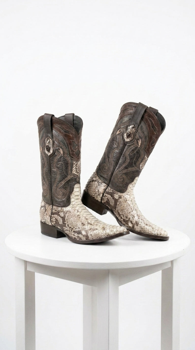 Men’s Natural Snake Skin Pointed Toe Western Boots, Exotic Cowboy Dress Boots