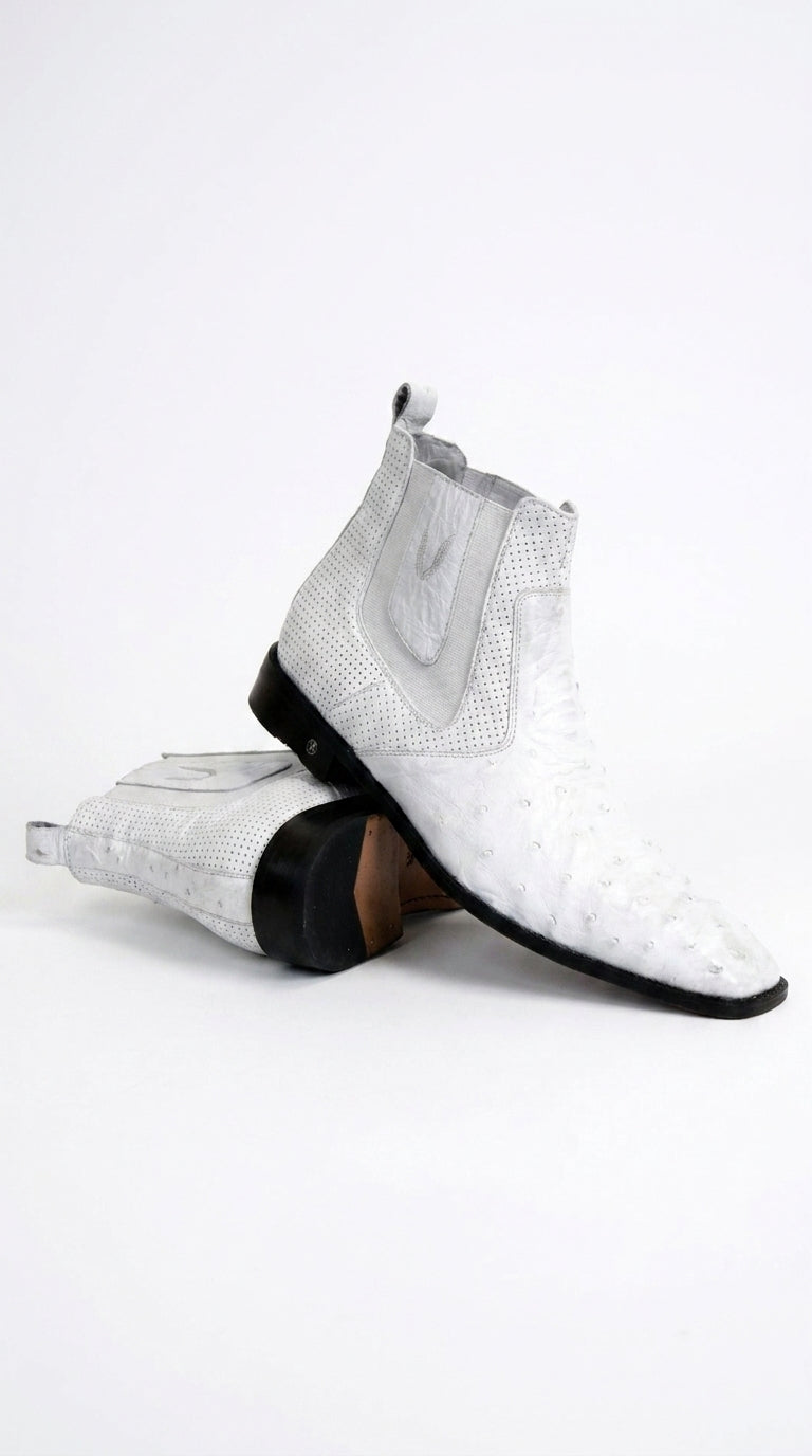 Men’s Handmade White Ostrich Chelsea Boots, Exotic Dress Ankle Boots for Formal and Western Style