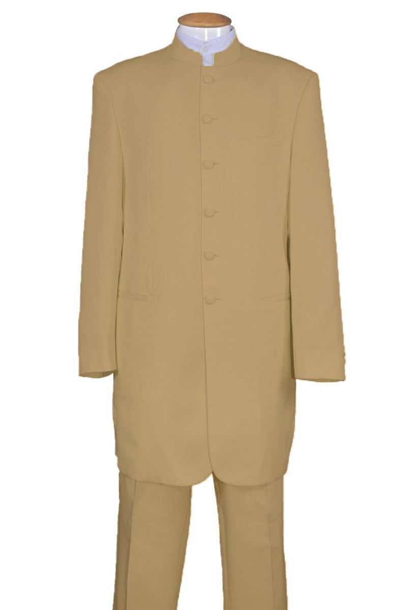 Mens 6 Button Long Mandarin Collar Tan Suit