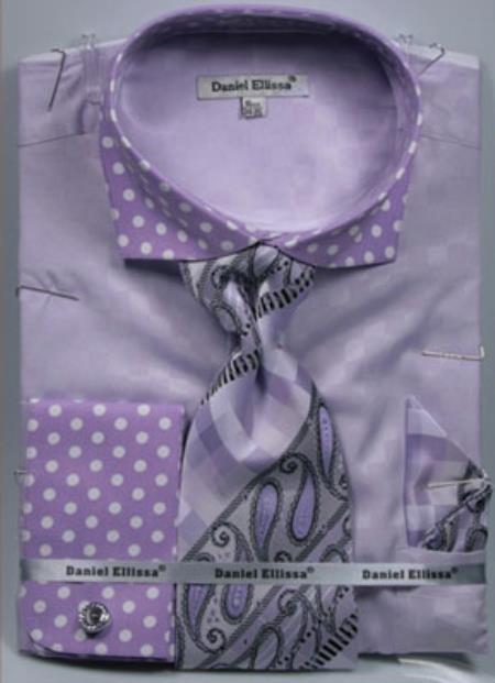 Men's Daniel Ellissa Lavender Polka Dot French Cuff Dress Shirt