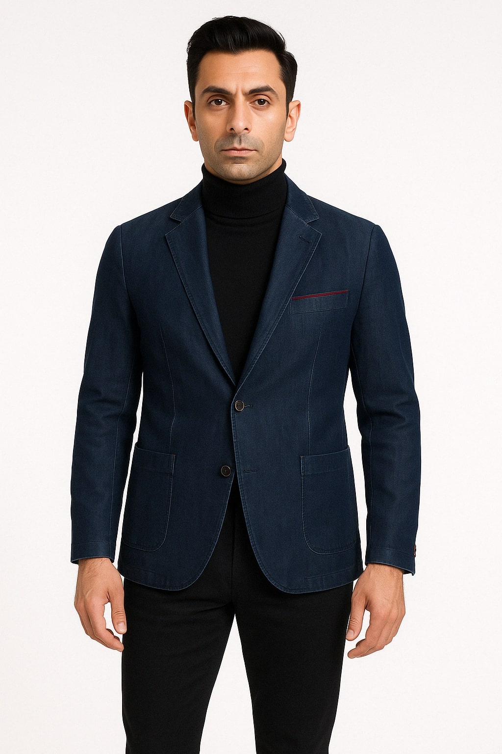 Dark Blue Denim Blazer - Notch Lapel, Single Button