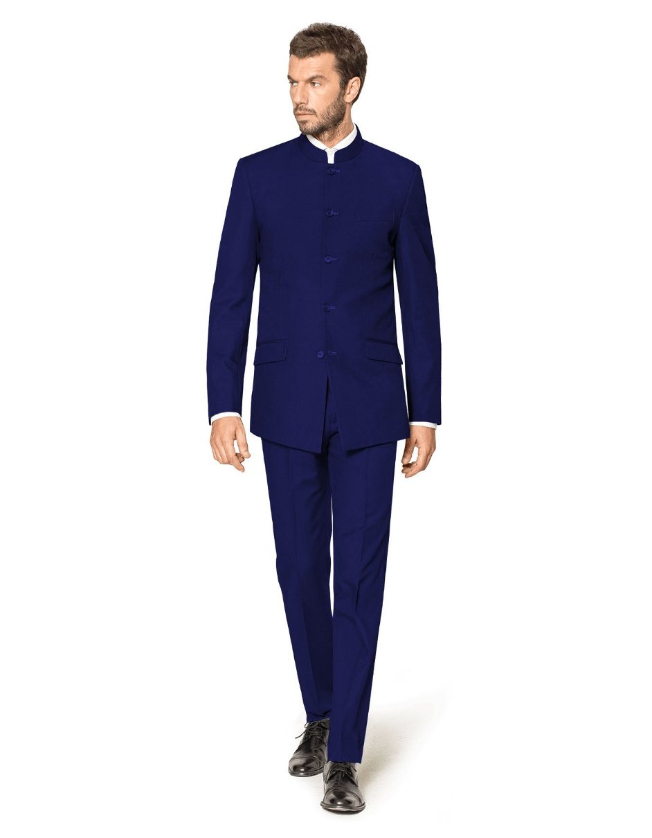 Navy Blue Mandarin Collar 4-Button Tuxedo Suit