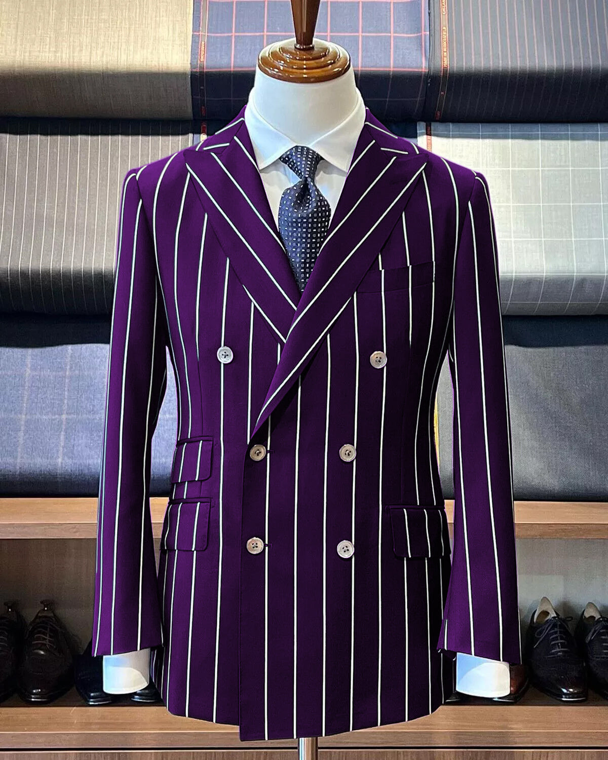 Double Breasted Dark Purple Pinstripe Suit