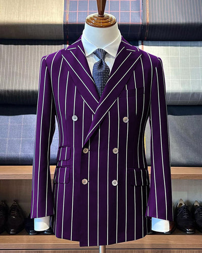 Double Breasted Dark Purple Pinstripe Suit