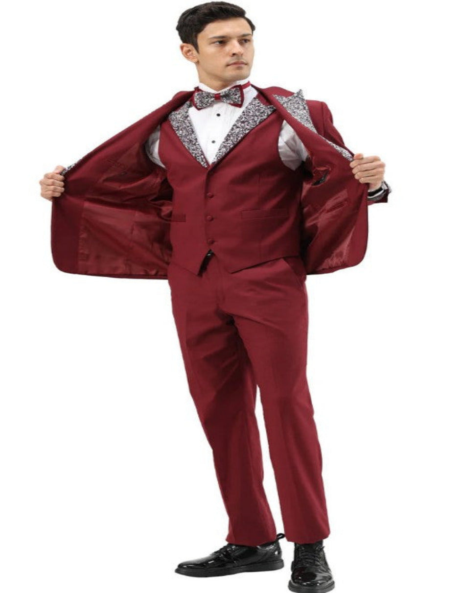 Maroon Wine Rhinestone Lapel Prom Tuxedo