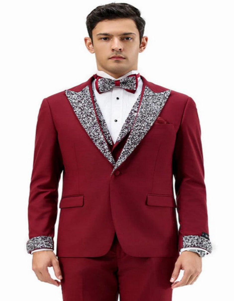 Maroon Wine Rhinestone Lapel Prom Tuxedo