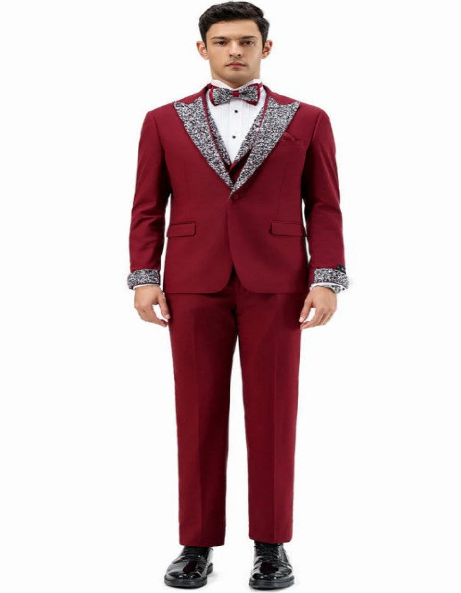 Maroon Wine Rhinestone Lapel Prom Tuxedo
