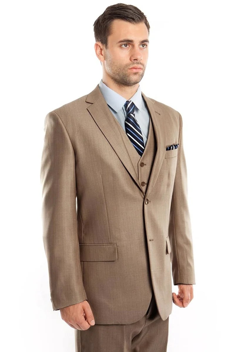 Two Button Vested Sharkskin Suit - Dark Tan