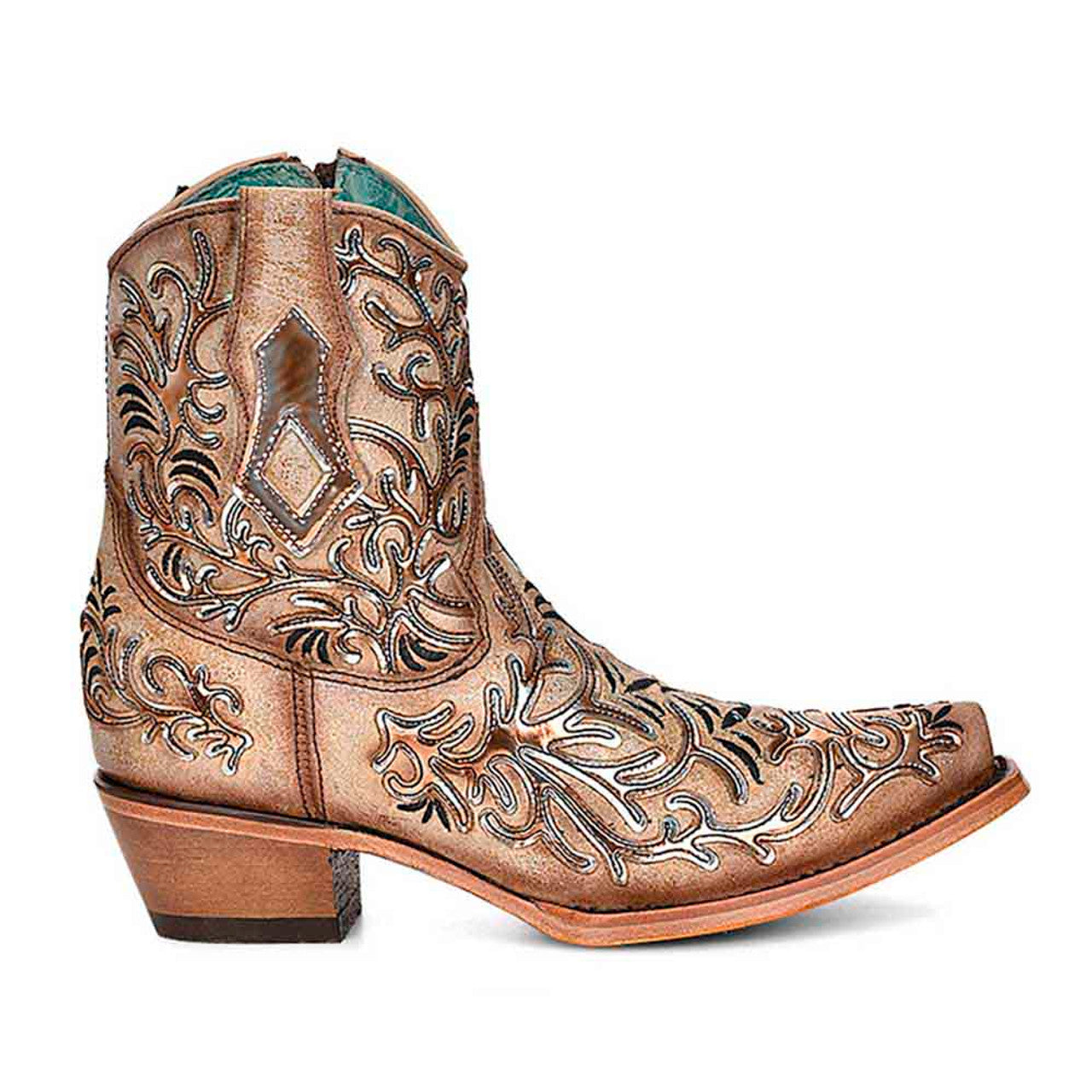 Tan Ankle Booties with Embroidery & Overlay
