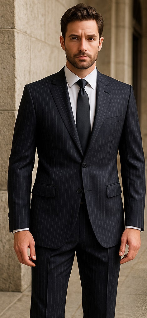 Dark Navy Wide Pinstripe 2 Button Men's Suit - Dark Blue Suit
