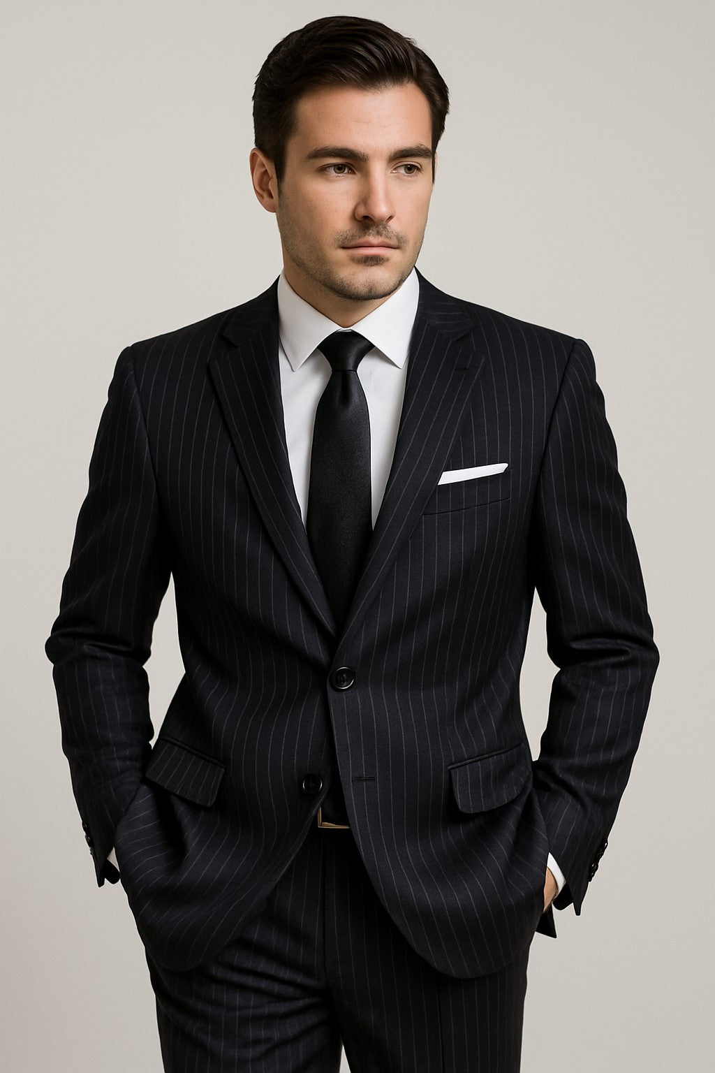 Dark Navy Wide Pinstripe 2 Button Men's Suit - Dark Blue Suit