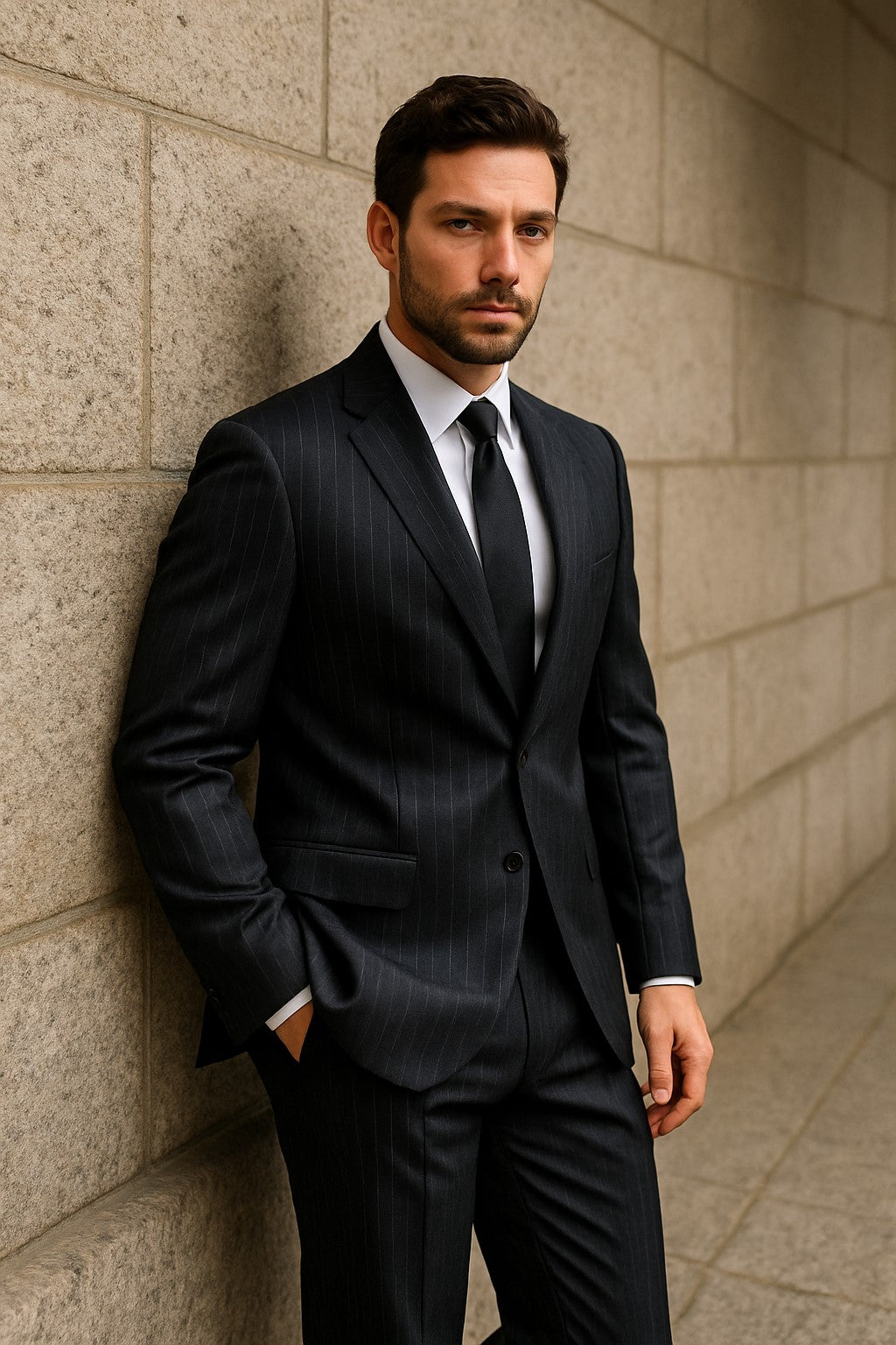 Dark Navy Wide Pinstripe 2 Button Men's Suit - Dark Blue Suit