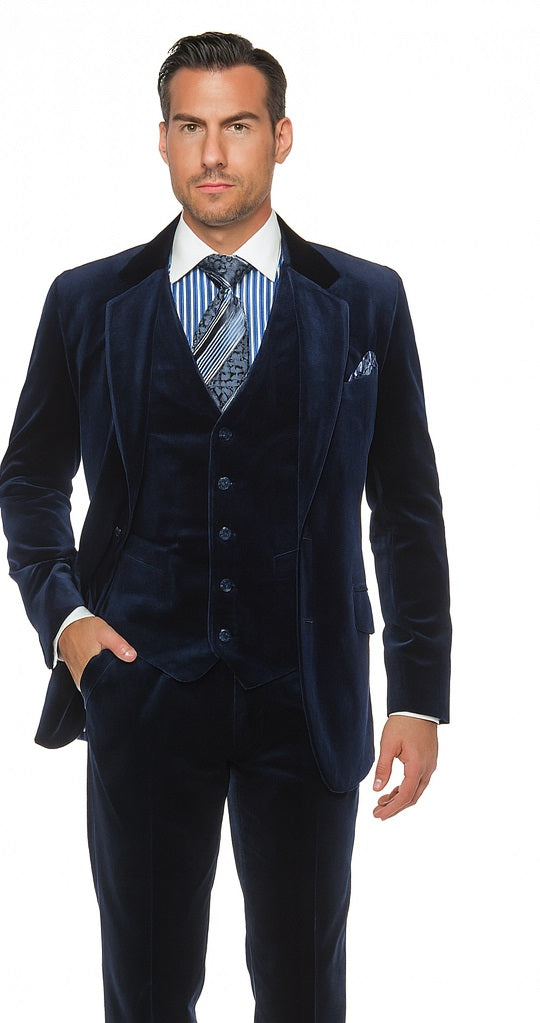 Men's Dark Navy velour Men's blazer Jacket 2 Button Velvet Fabric 3 Piece Vested Side Vent Suit
