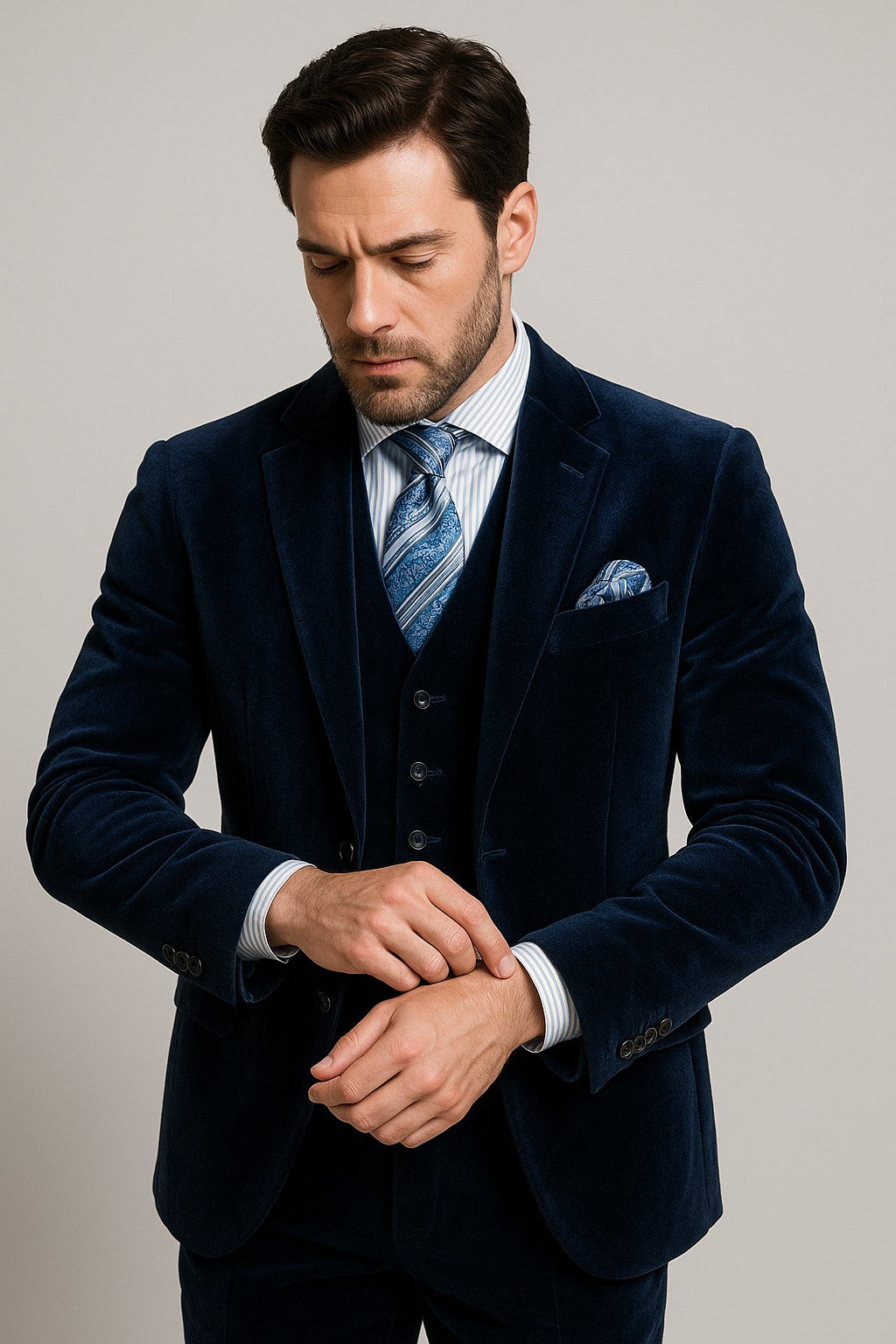 Men's Dark Navy velour Men's blazer Jacket 2 Button Velvet Fabric 3 Piece Vested Side Vent Suit