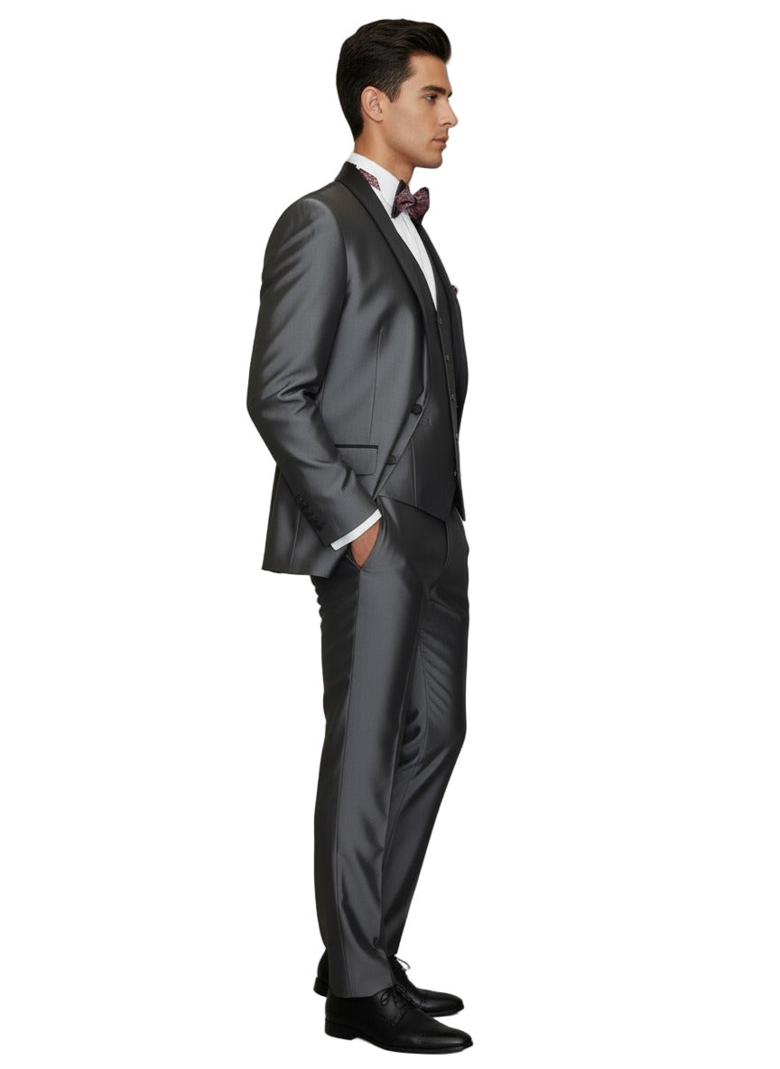 Men's Gray Black Shawl Tuxedo Slim Fitted 3 Piece Two Toned Shiny Sharkskin Suit
