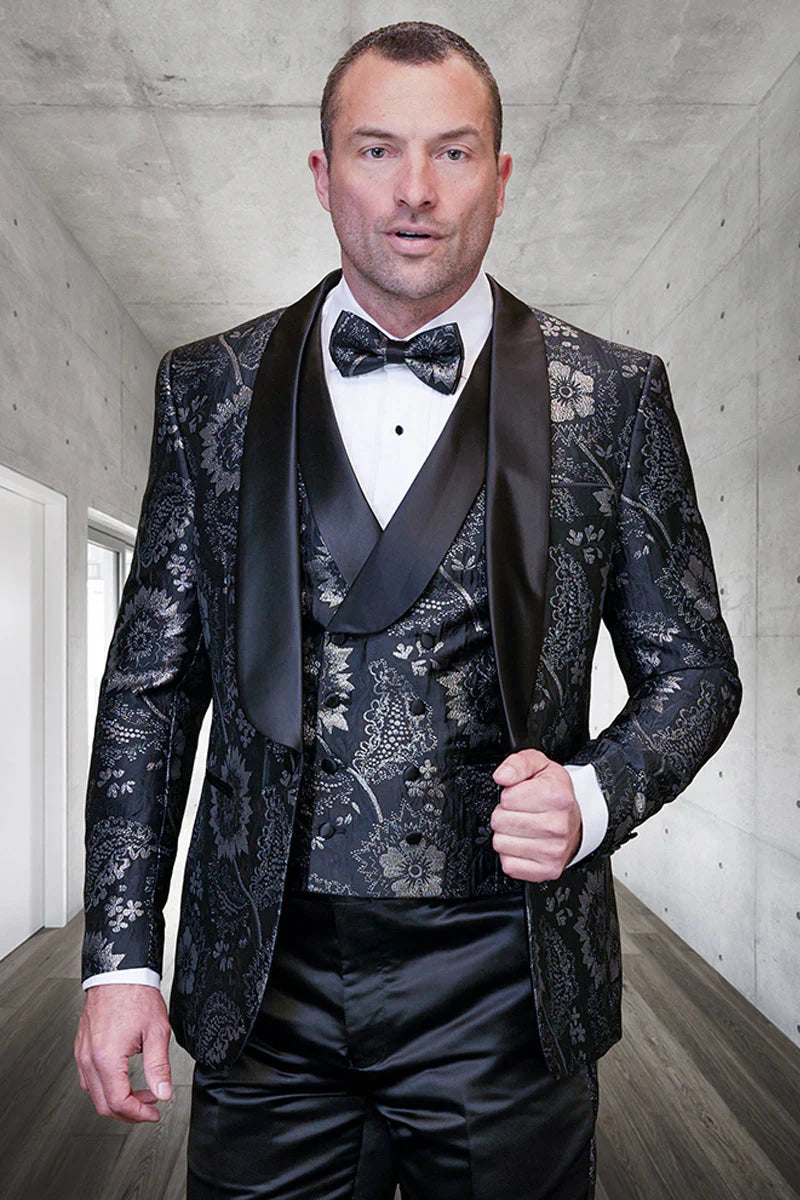 Black Paisley Lace Print Vested Tuxedo with Bowtie