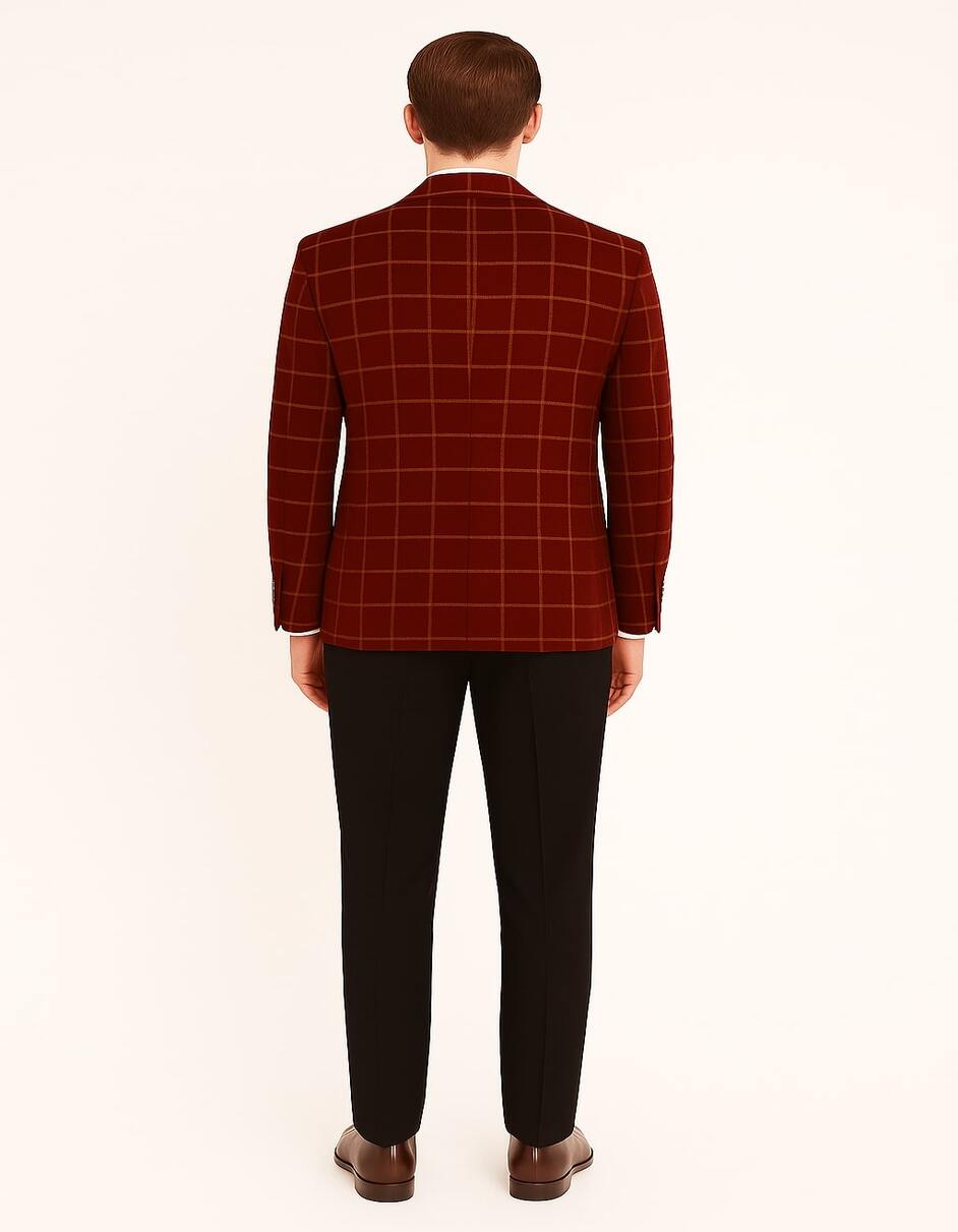 Men's Red Velvet Plaid Blazer with Satin Lapel – Designer Tartan Suit Jacket for Holidays and Events