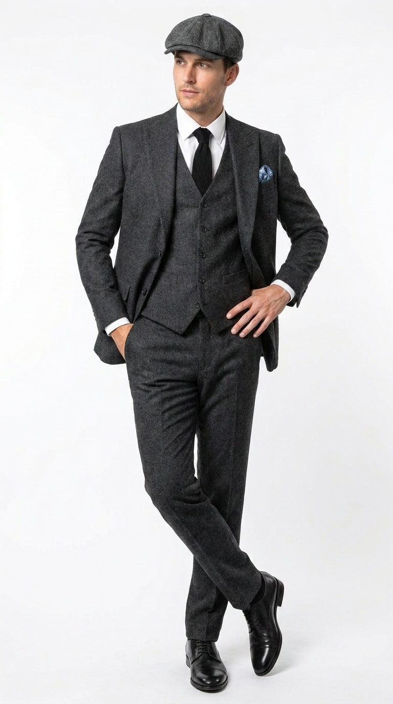 Men’s Heritage Charcoal Tweed 3 Piece Suit, Peaky Blinders Inspired Classic Formal Dress Suit