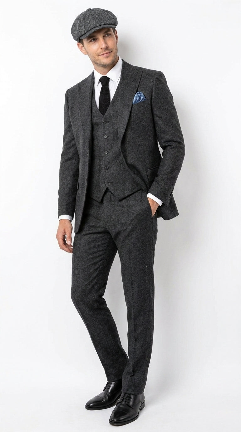 Men’s Heritage Charcoal Tweed 3 Piece Suit, Peaky Blinders Inspired Classic Formal Dress Suit
