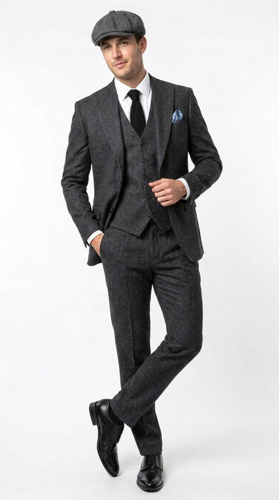 Menβs Heritage Charcoal Tweed 3 Piece Suit, Peaky Blinders Inspired Classic Formal Dress Suit