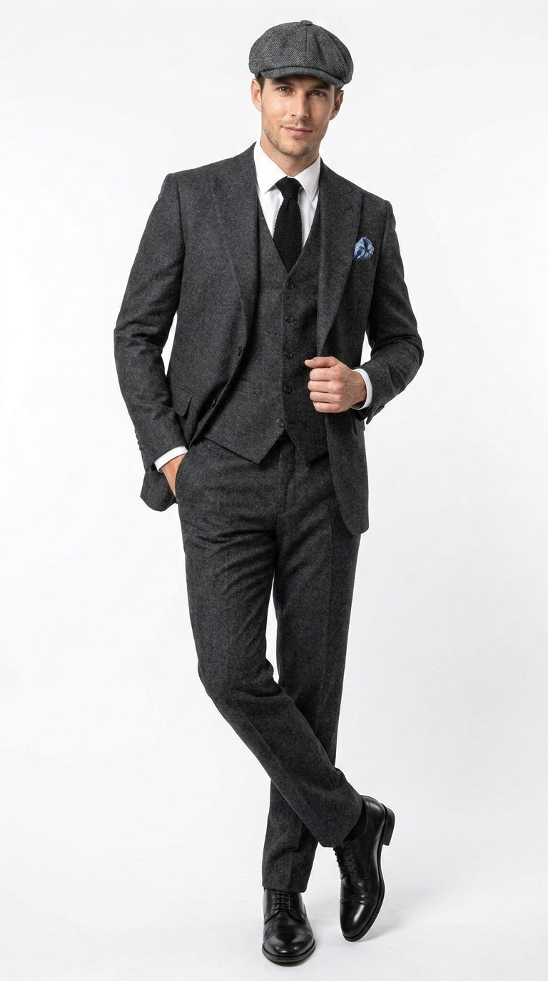 Men’s Heritage Charcoal Tweed 3 Piece Suit, Peaky Blinders Inspired Classic Formal Dress Suit