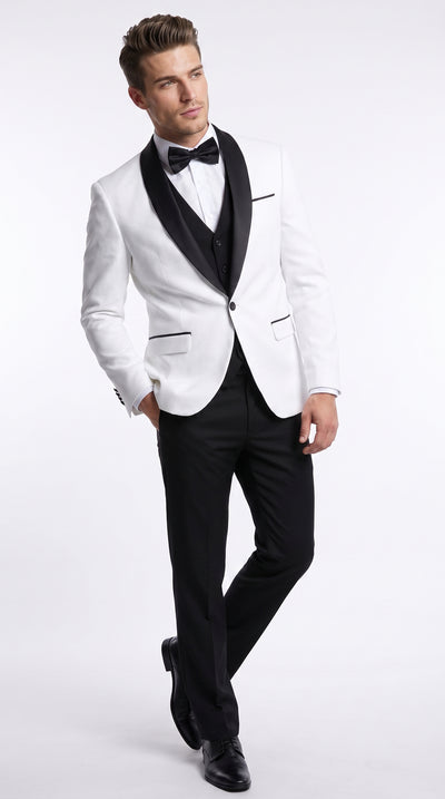 Men’s White Sharkskin Shawl Lapel Tuxedo, Black Trim Formal Wedding Prom Suit