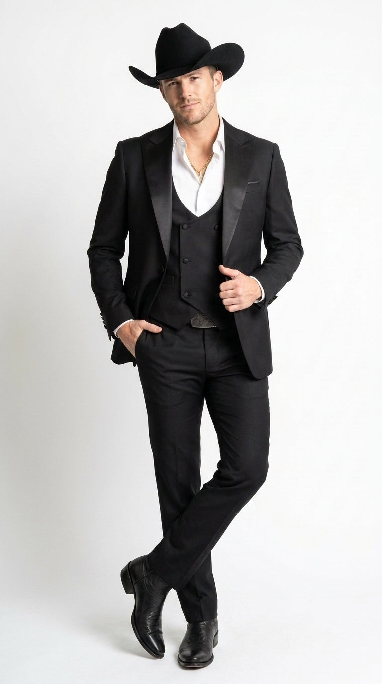 Men’s Black Western Tuxedo Suit with Satin Shawl Lapel, Double Breasted Vest Formal Cowboy Suit