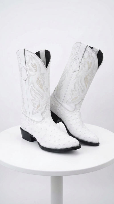 Men’s White Print Ostrich Western Boots, Exotic Cowboy Dress Boots for Wedding and Country Wear