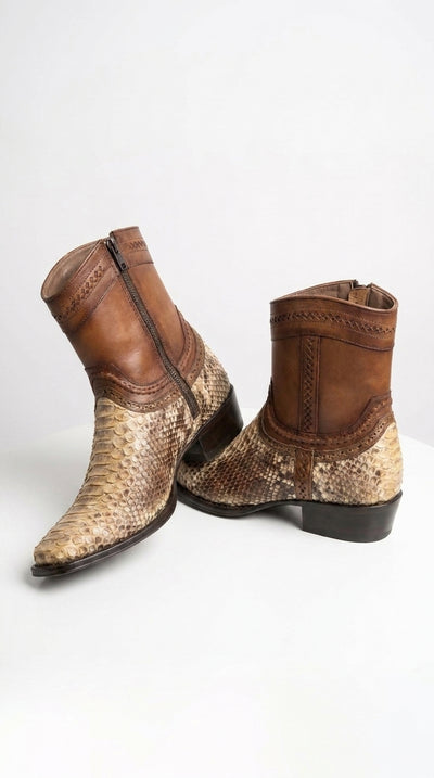 Men’s Natural Python Skin European Toe Short Boots, Brown Western Dress Ankle Boots