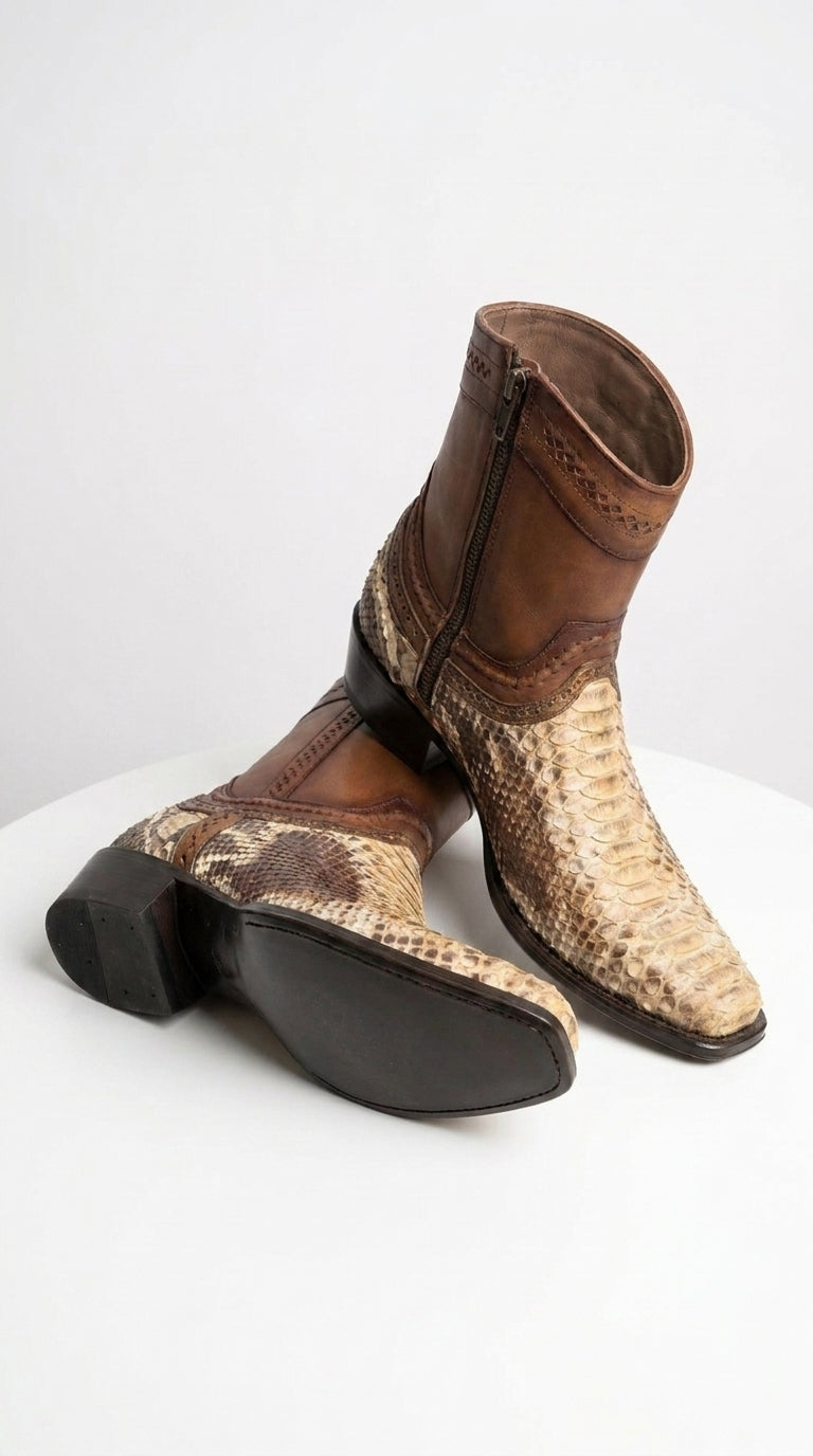 Men’s Natural Python Skin European Toe Short Boots, Brown Western Dress Ankle Boots