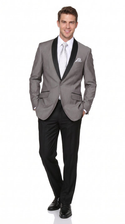 Men’s Grey Tuxedo Jacket with Black Shawl Lapel, 1 Button Formal Wedding Prom Blazer