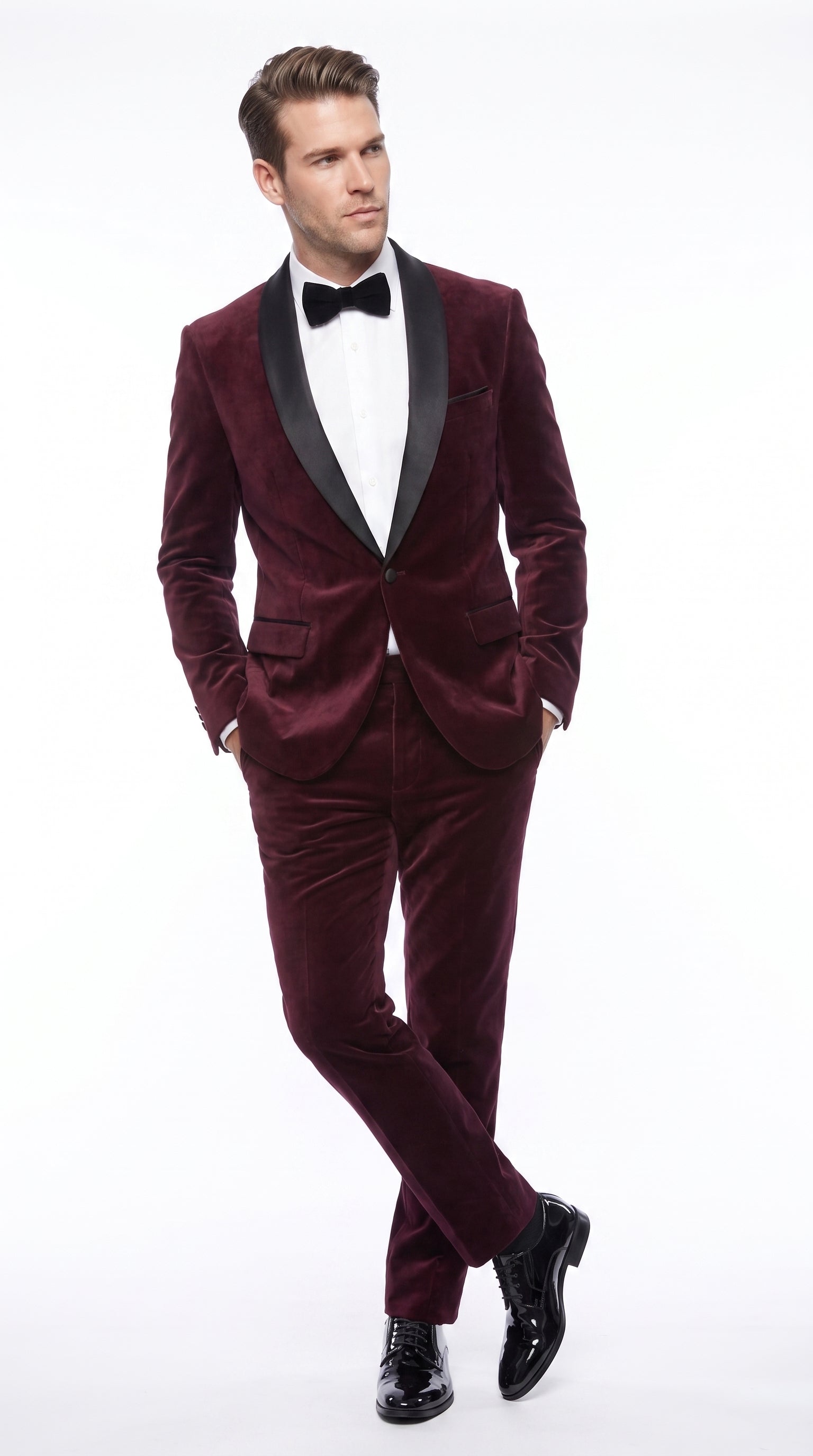 Men’s Maroon and Black Tuxedo Suit, 1 Button Burgundy Shawl Lapel Formal Wedding Prom Suit