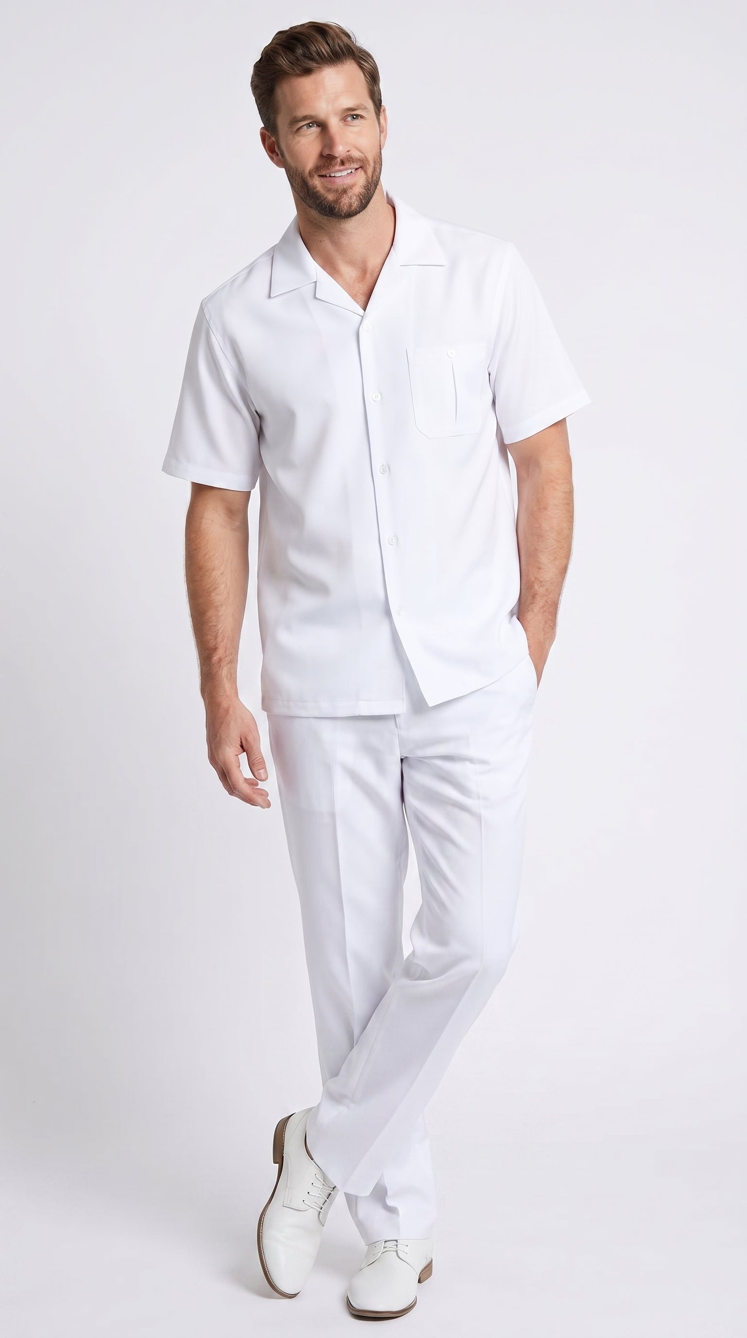 Men’s White Big and Tall Walking Suit, Short Sleeve Casual Shirt and Pants Set up to 6XL