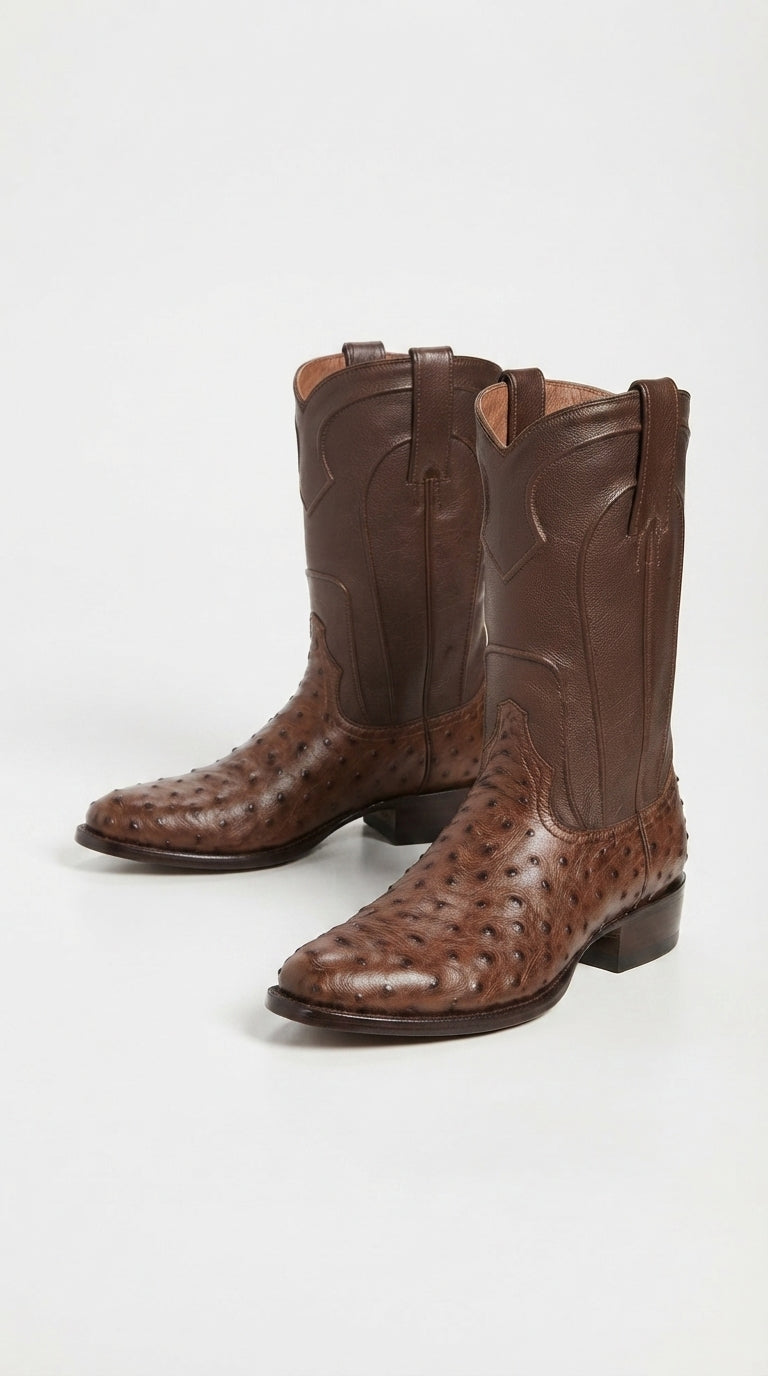 Los Altos Men’s Brown Ostrich Roper Western Boots, Exotic Cowboy Dress Boots