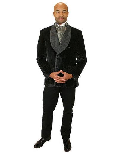 Men’s tone-on-ton design black velvet caldwell smoking jacket