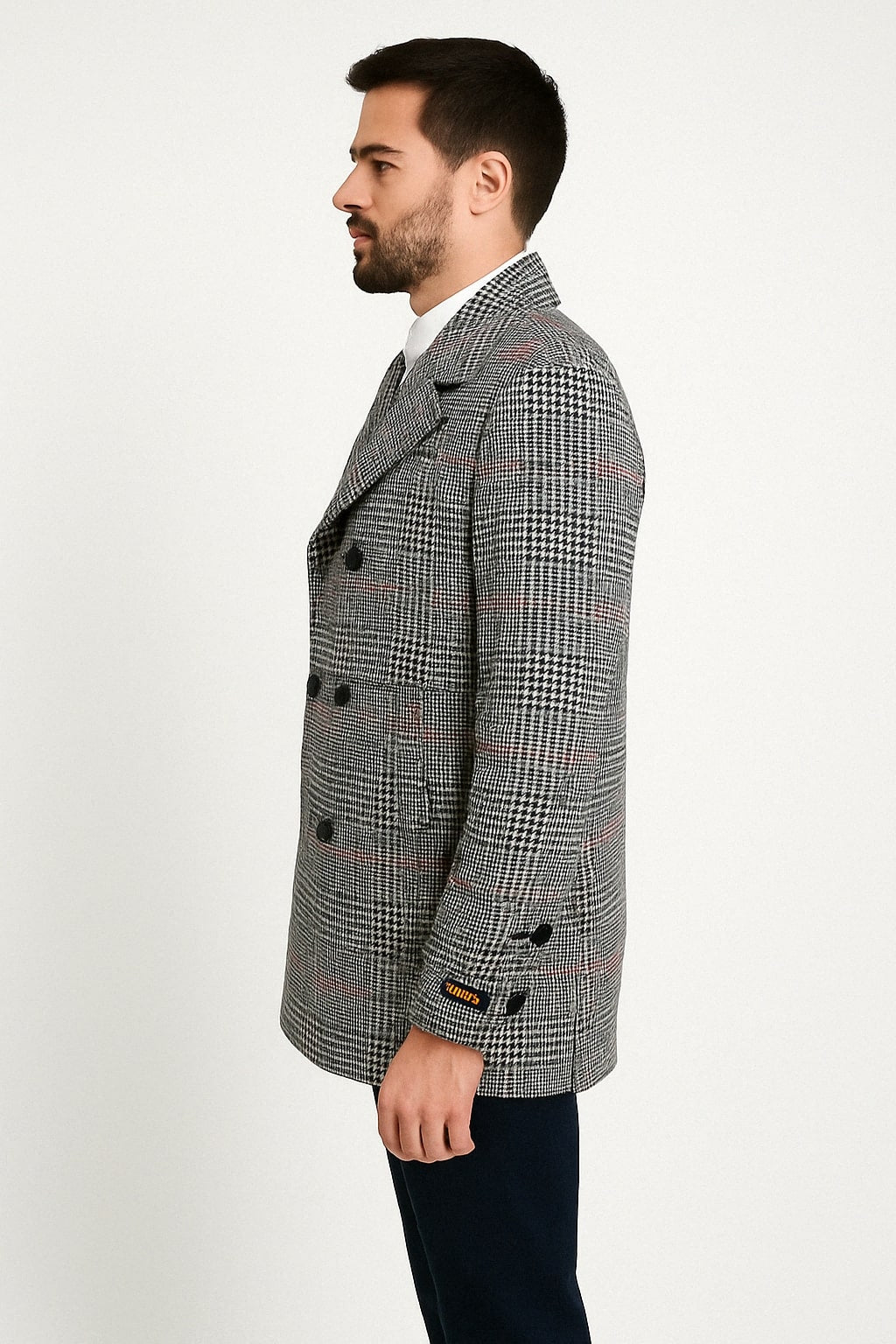 Double-Breasted Houndstooth Plaid Overcoat