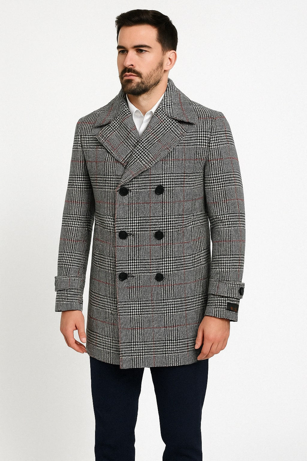 Double-Breasted Houndstooth Plaid Overcoat