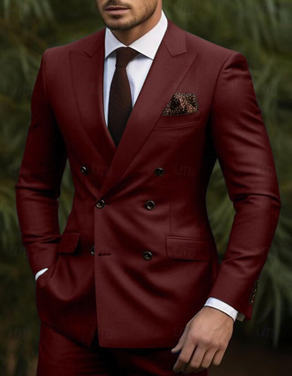 Double Breasted Slim Burgundy Suit with Tapered Pants