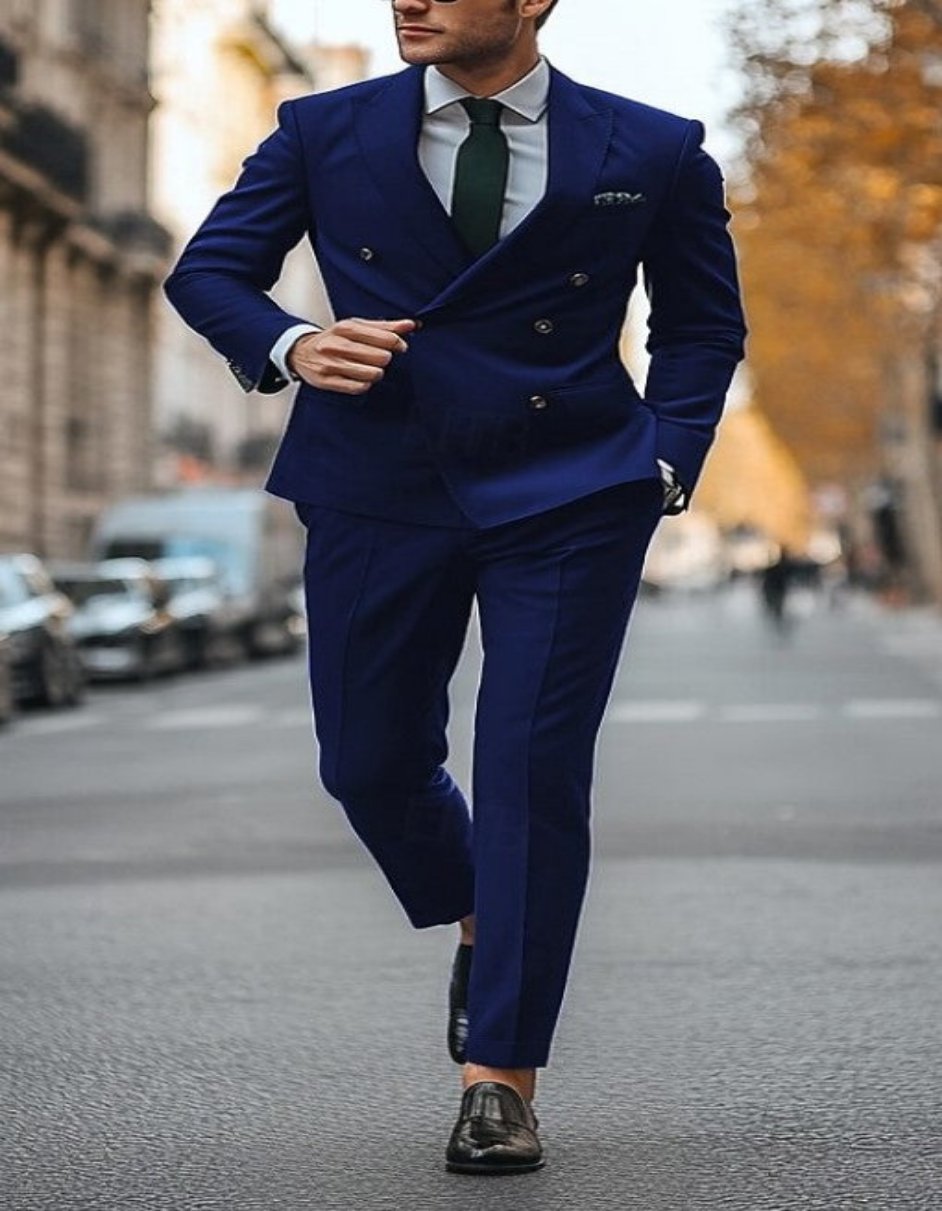 Slim Fit Double Breasted Designer Suit - Blue, Gold Buttons