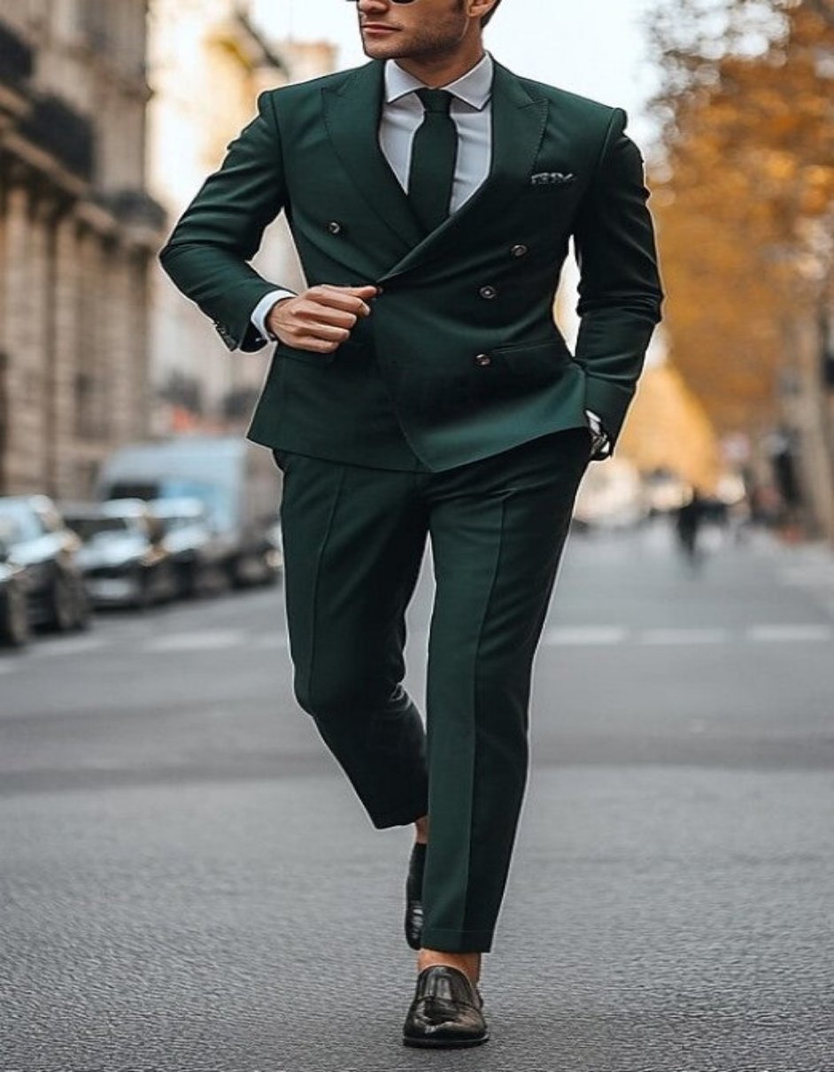 Olive Slim Double Breasted Suit, Gold Buttons