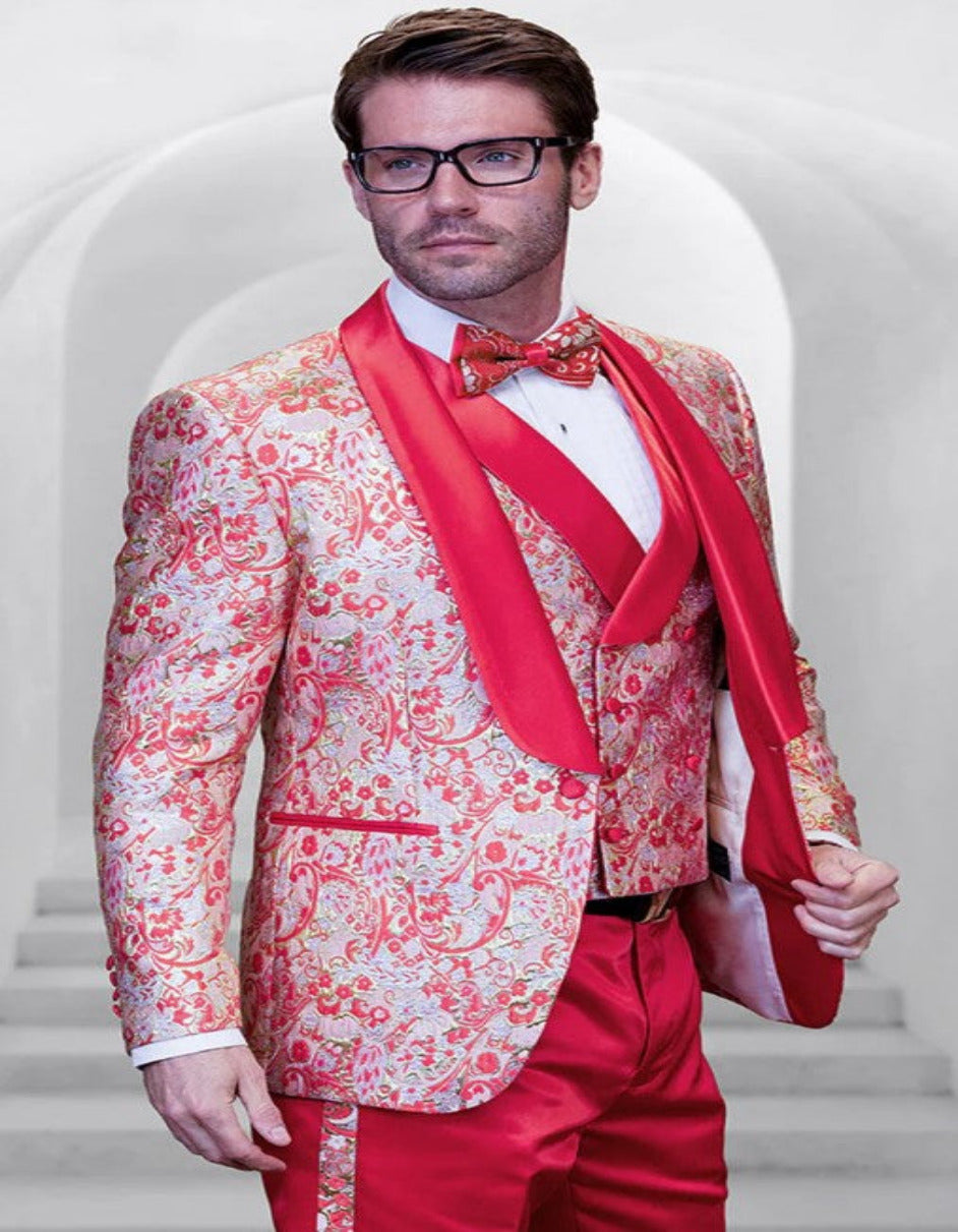Men's Paisley Tuxedo with Vest in Coral Orange