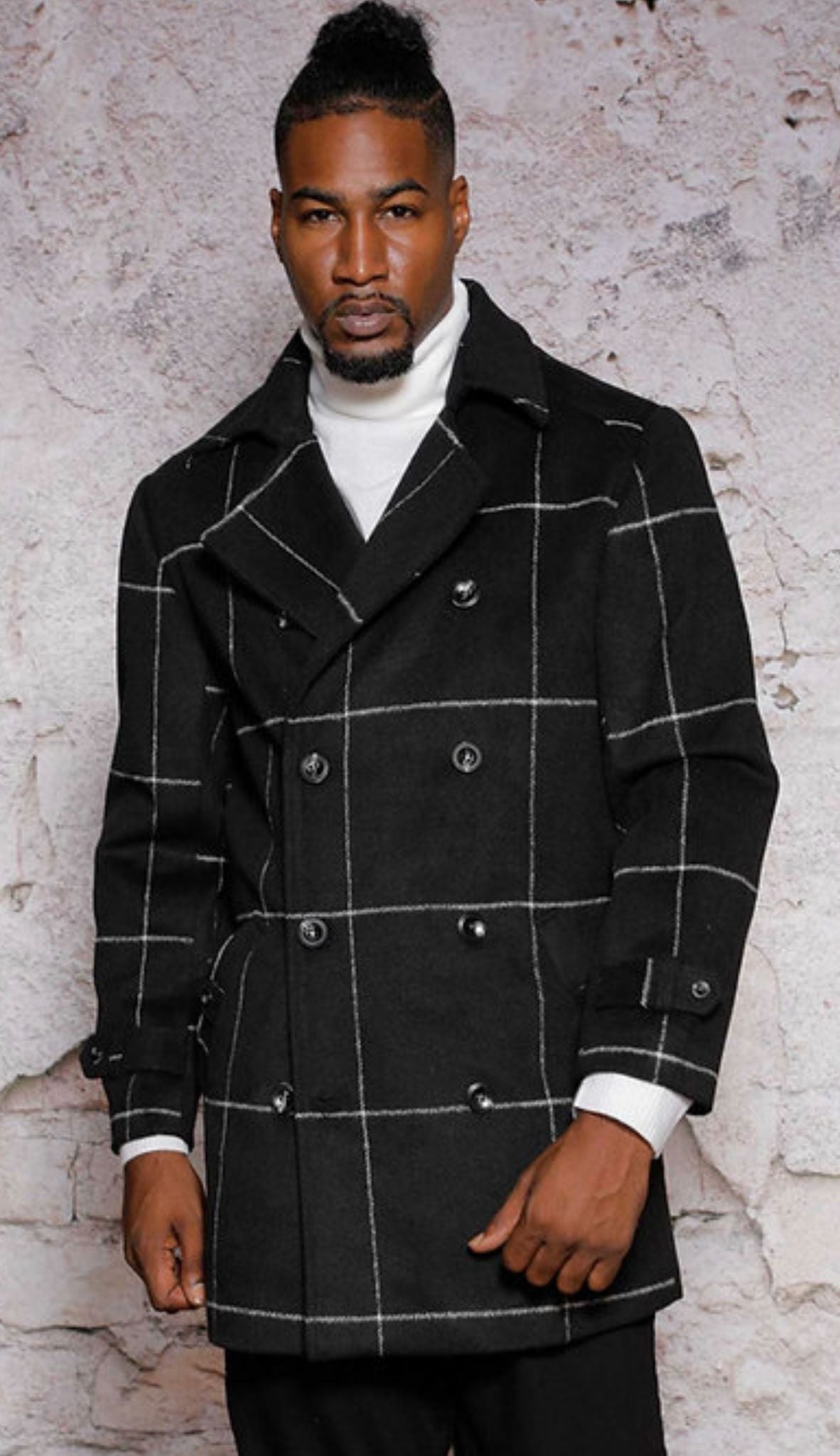 Black Windowpane Double-Breasted Wool Overcoat