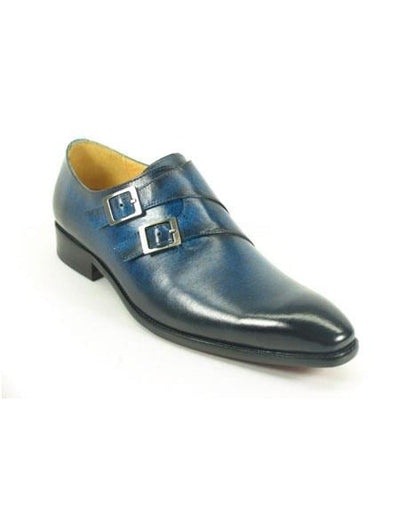 Men's Carrucci Double Monk Strap Leather Fashionable Stylish Dress Shoe Navy - Teal Dress Shoe - Antique blue Shoe- Men's Buckle Dress Shoes