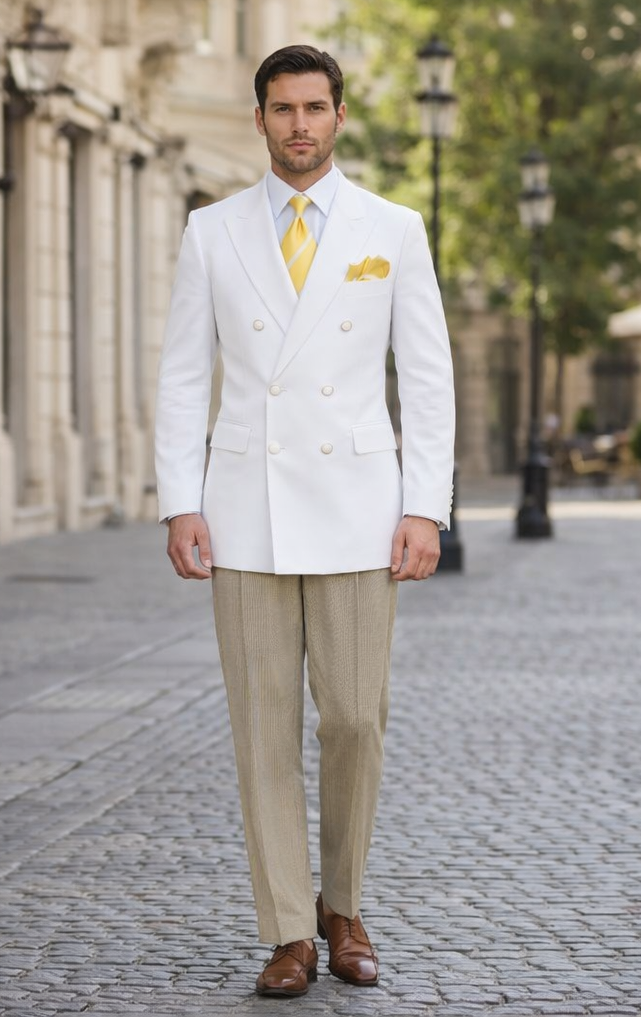 Men’s White Formal Blazer – Double Breasted Classic Fit Sport Coat
