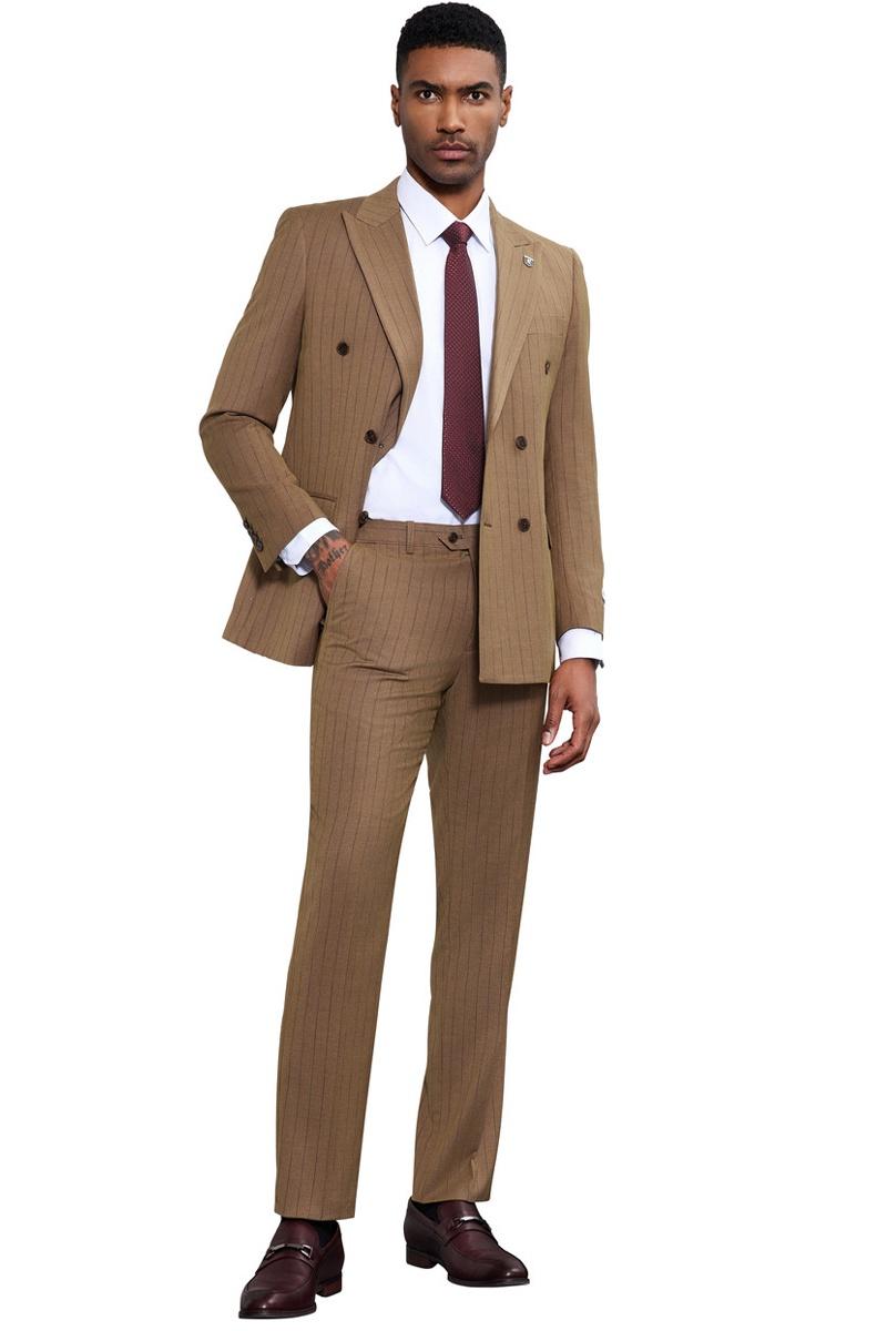 Stacy Adams Double Breasted Pinstripe Camel Suit