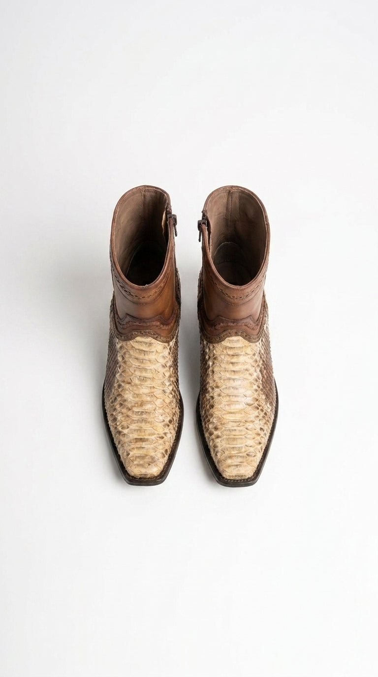 Men’s Natural Python Skin European Toe Short Boots, Brown Western Dress Ankle Boots